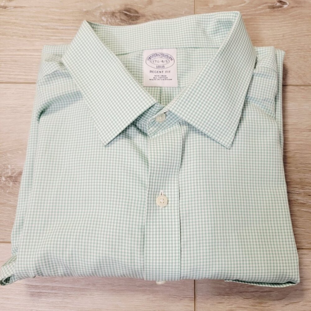 Brooks Brothers Shirt Green White Gingham Check Non-Iron Regent Sz 17.5 - 4/5
